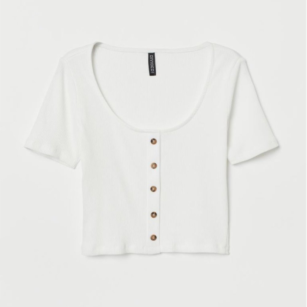 Ribbed White Cropped Scoop Neck T Shirt with Buttons Size Large H&M